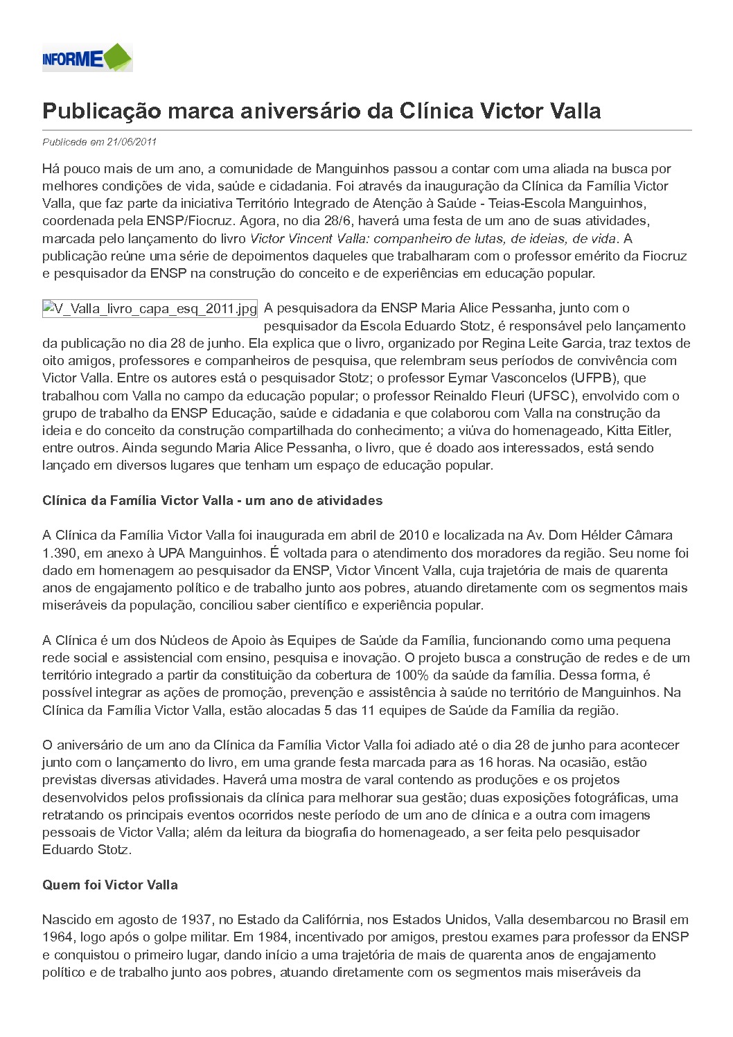 thumbnail of Publicação marca aniversário da Clínica Victor Valla – Informe ENSP